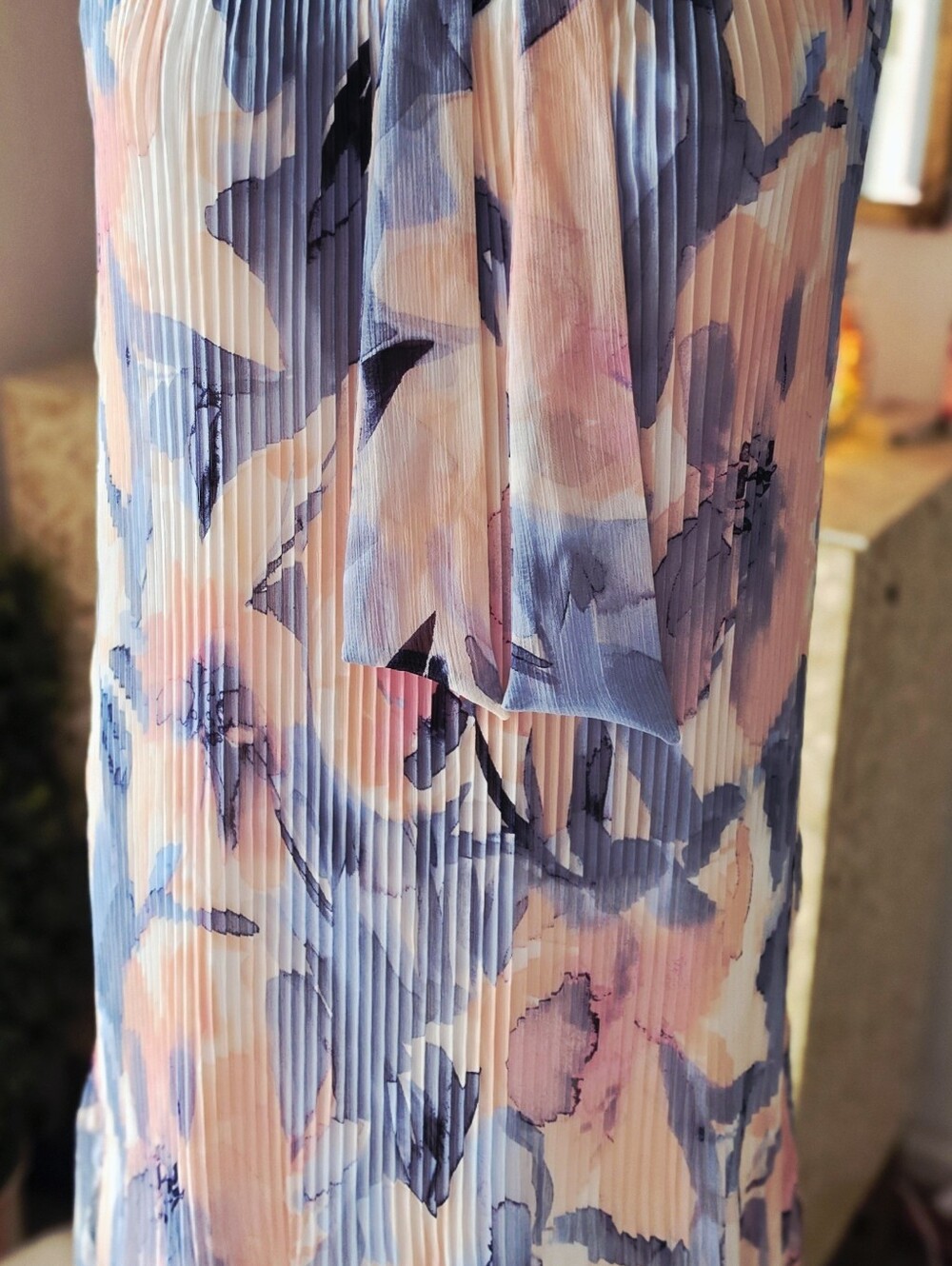 DKNY Pleated Floral Dress With Bow Tie Neck in Blue & Pink